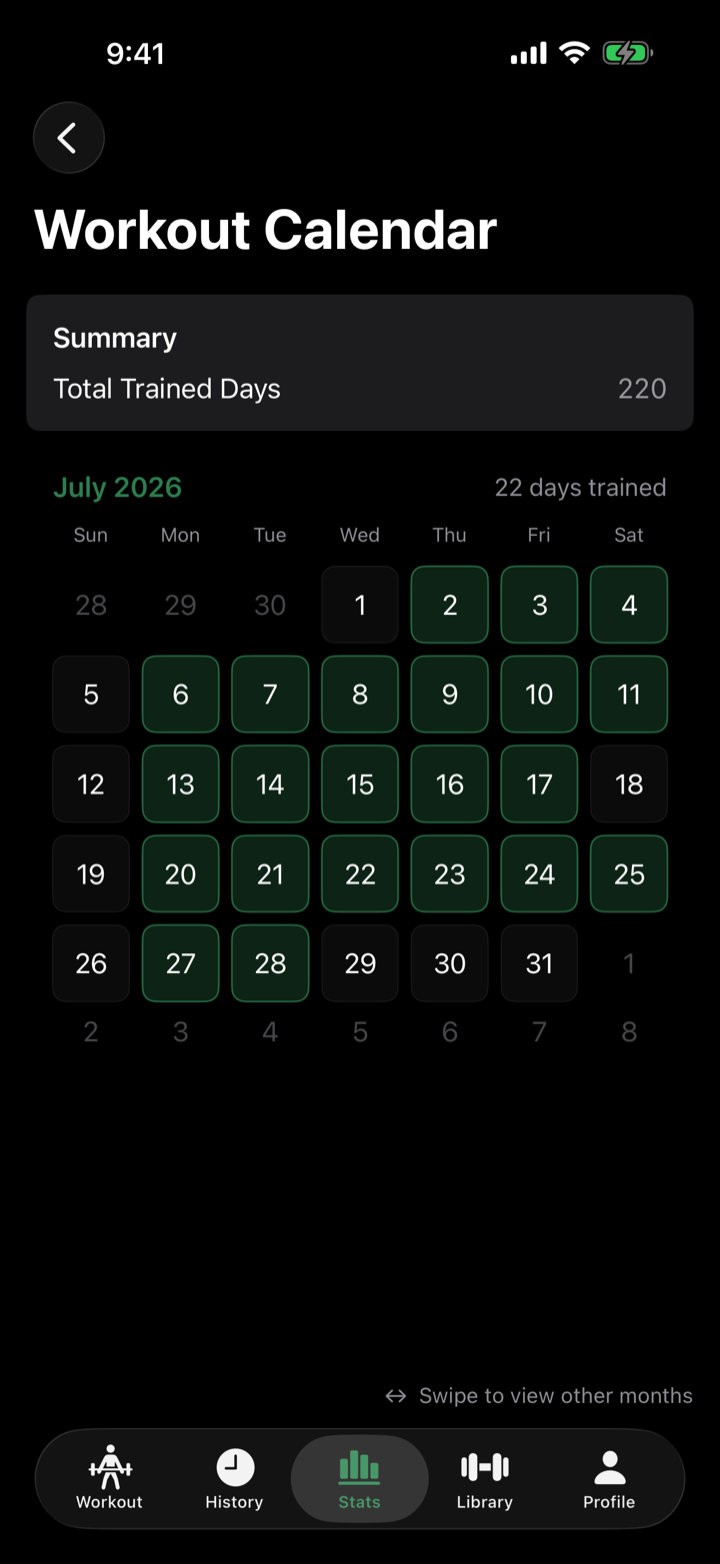 RepForm workout calendar showing 22 trained days in July