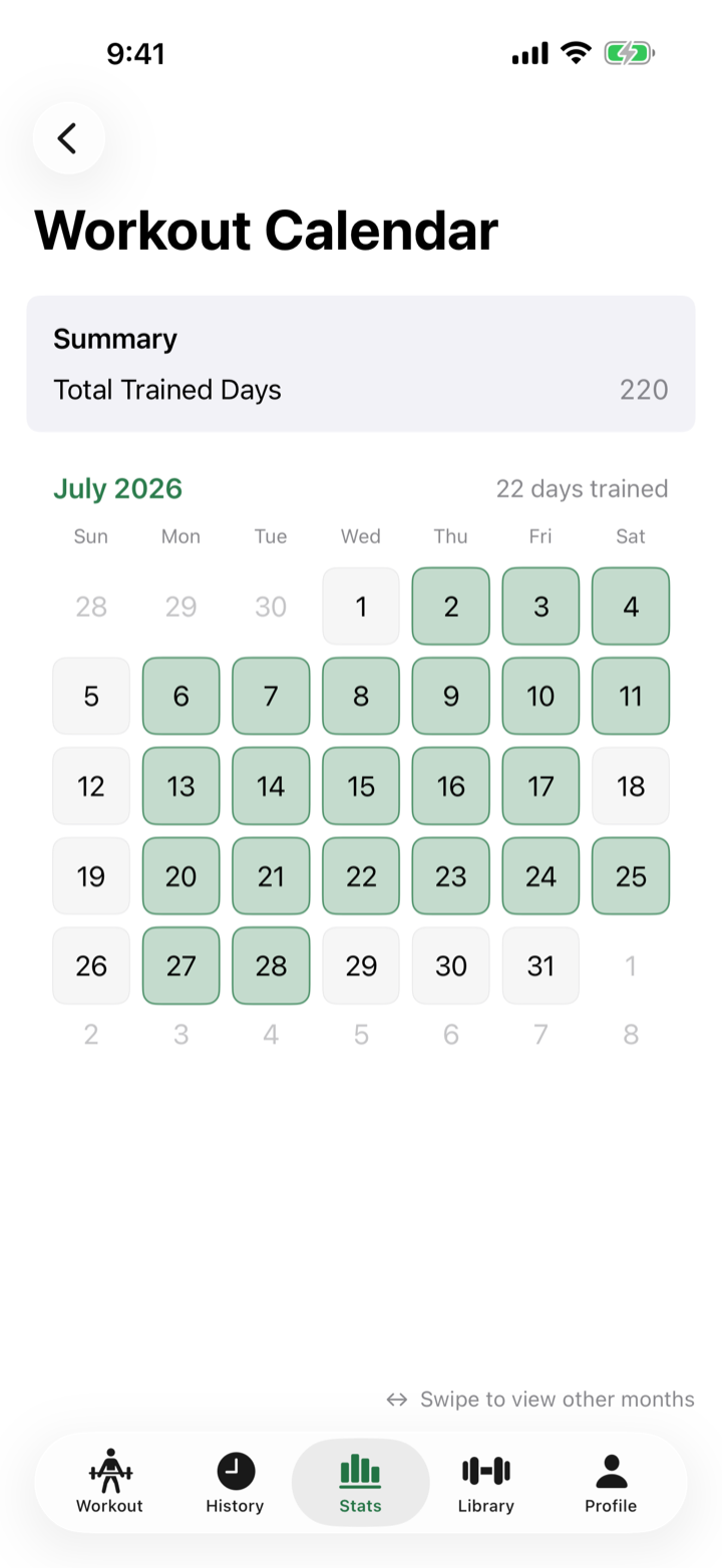 RepForm workout calendar showing 22 trained days in July