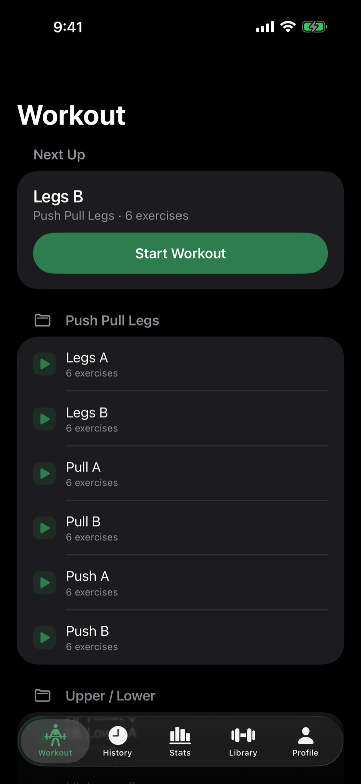 RepForm workout tab showing the next routine up and routine folders