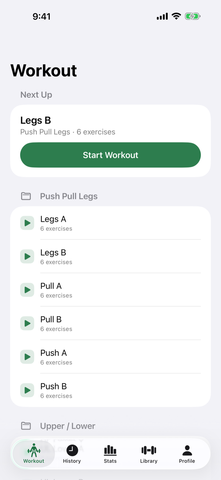RepForm workout tab showing the next routine up and routine folders