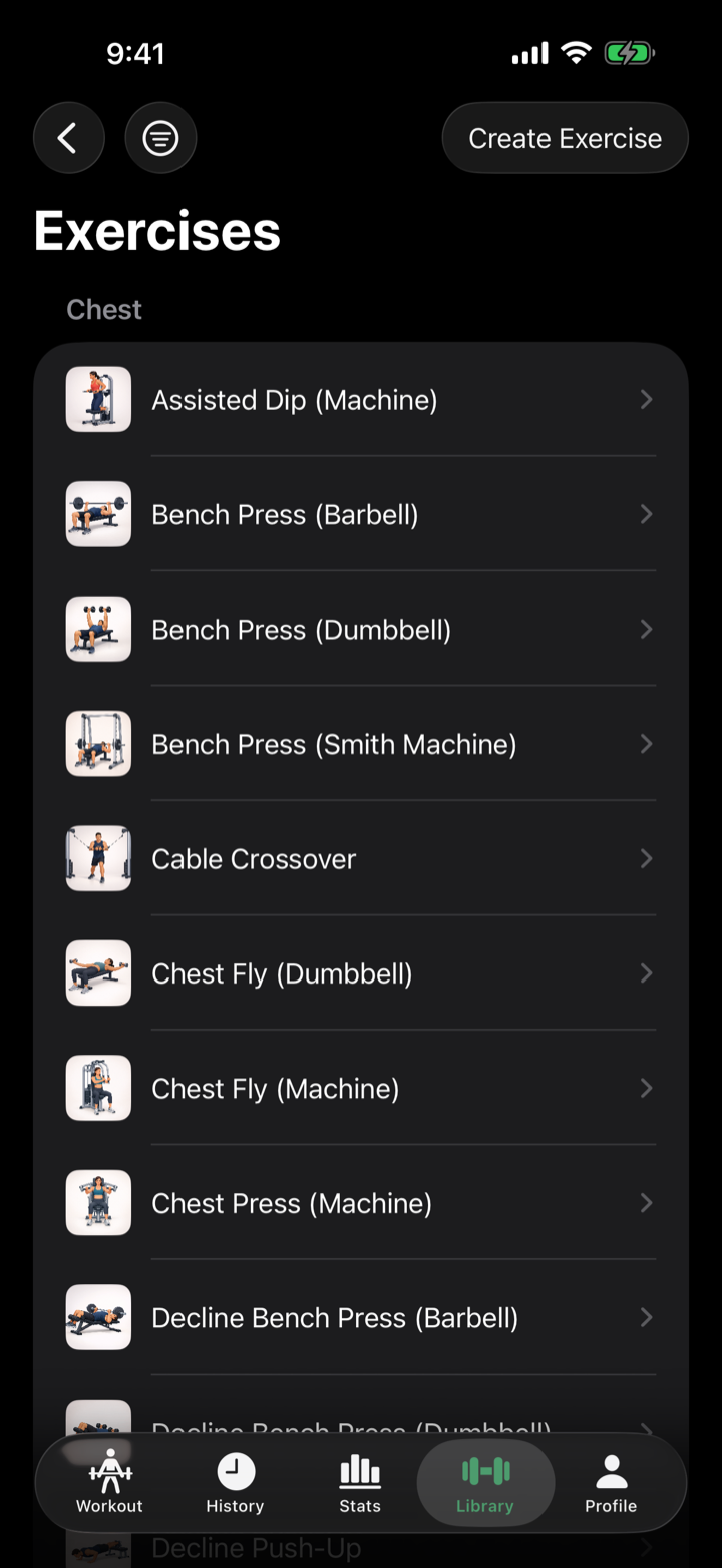 RepForm exercise library showing illustrated chest exercises