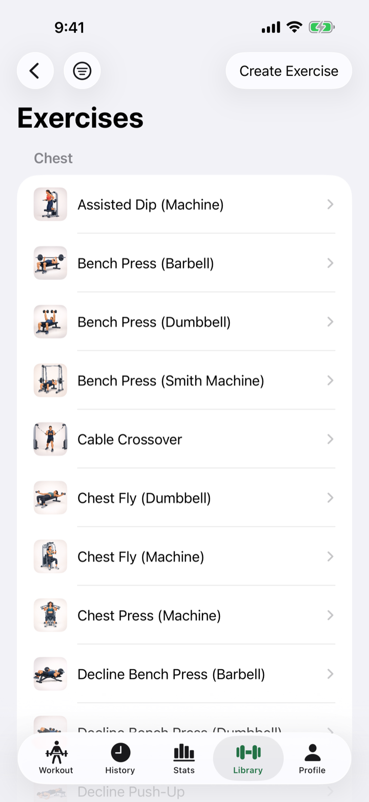 RepForm exercise library showing illustrated chest exercises