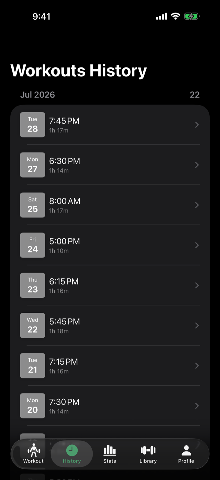 RepForm workout history list with dates and session durations