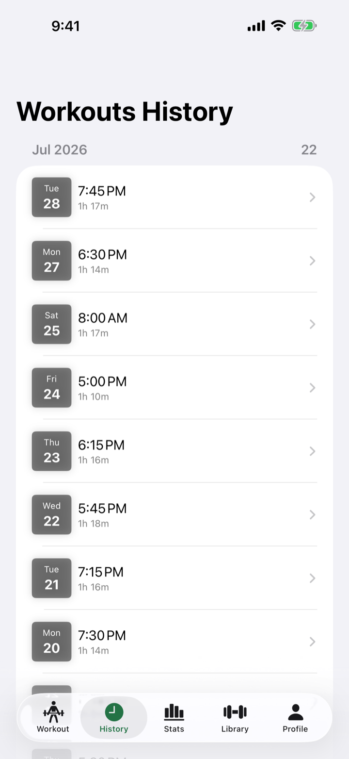 RepForm workout history list with dates and session durations