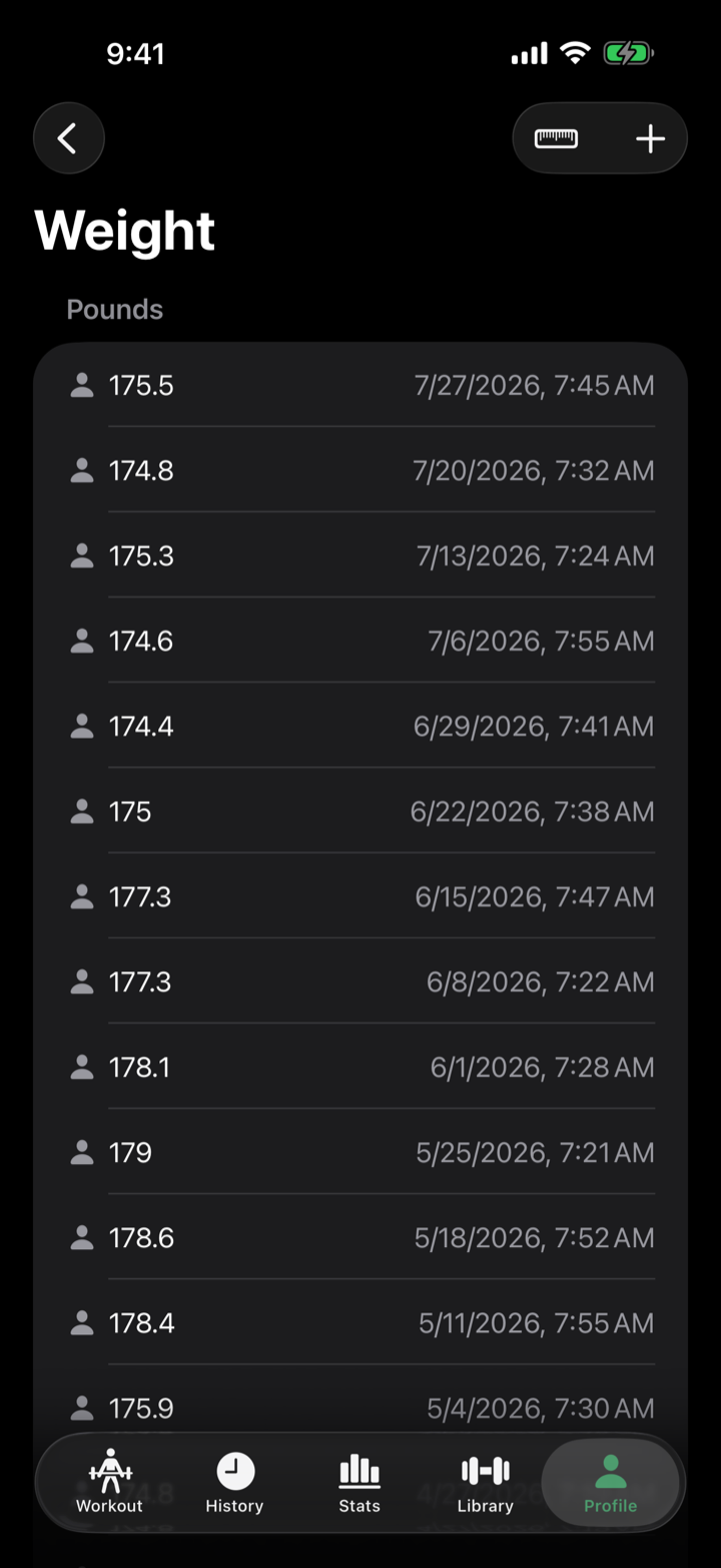 RepForm body weight log with weekly entries