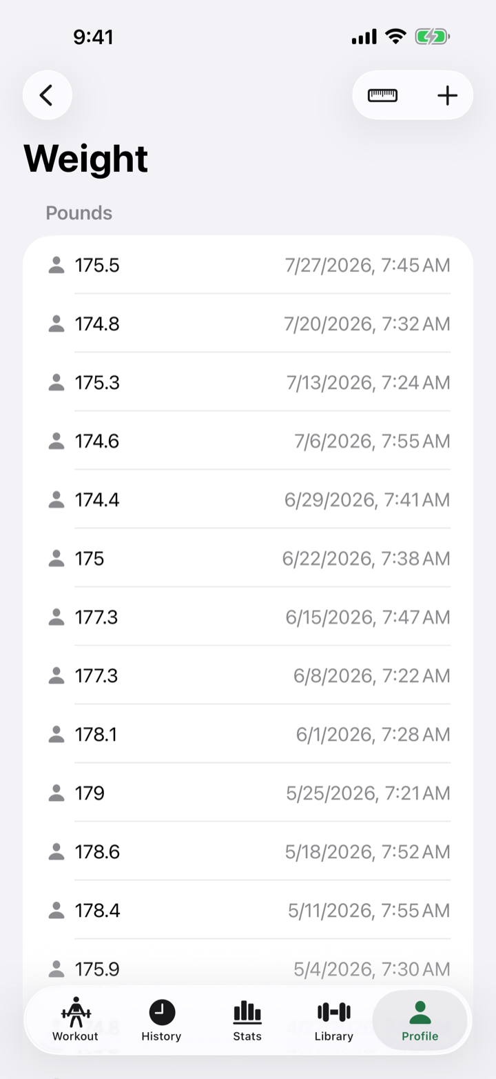 RepForm body weight log with weekly entries