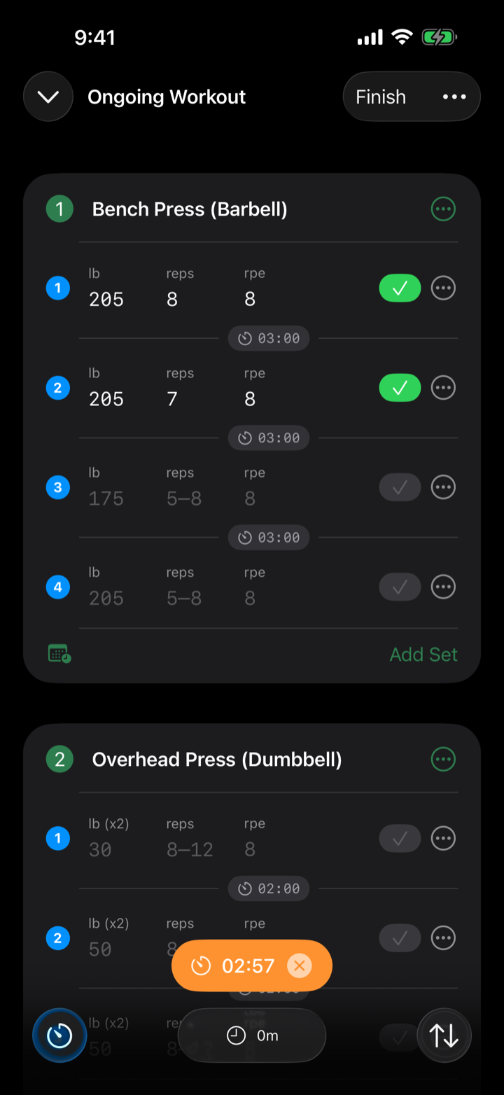 RepForm ongoing workout with sets, reps, RPE, and a running rest timer