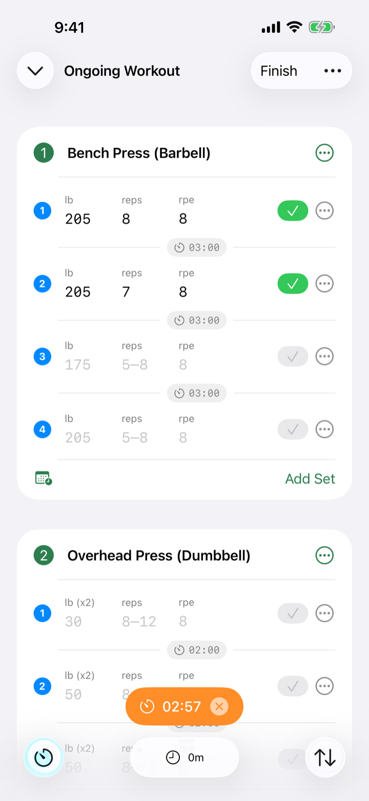 RepForm ongoing workout with sets, reps, RPE, and a running rest timer